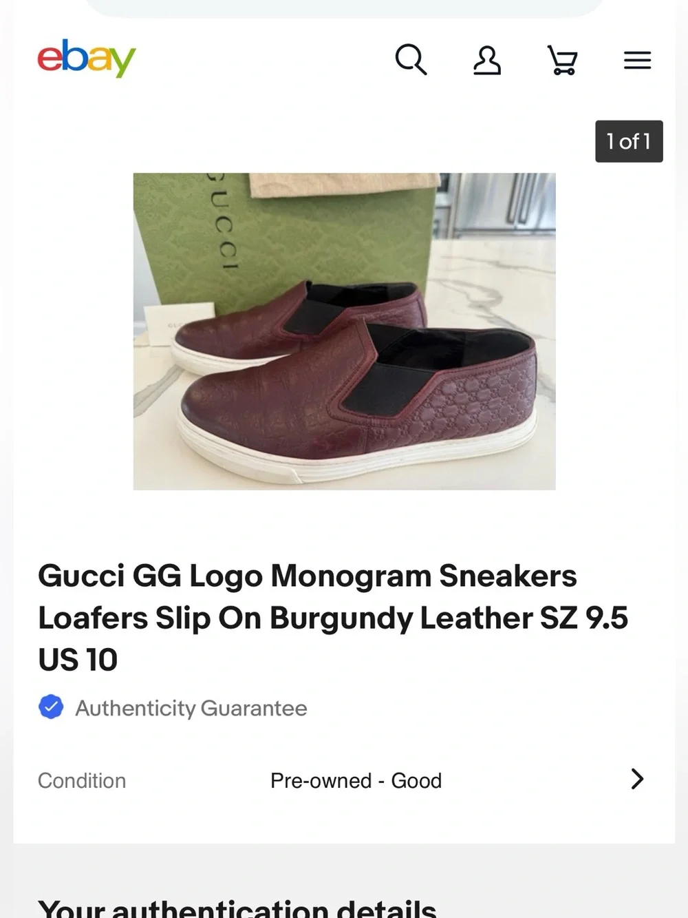 GUCCI Monogram GG Burgundy Leather Men’s Slip On Loafer Sneaker Size 9.5